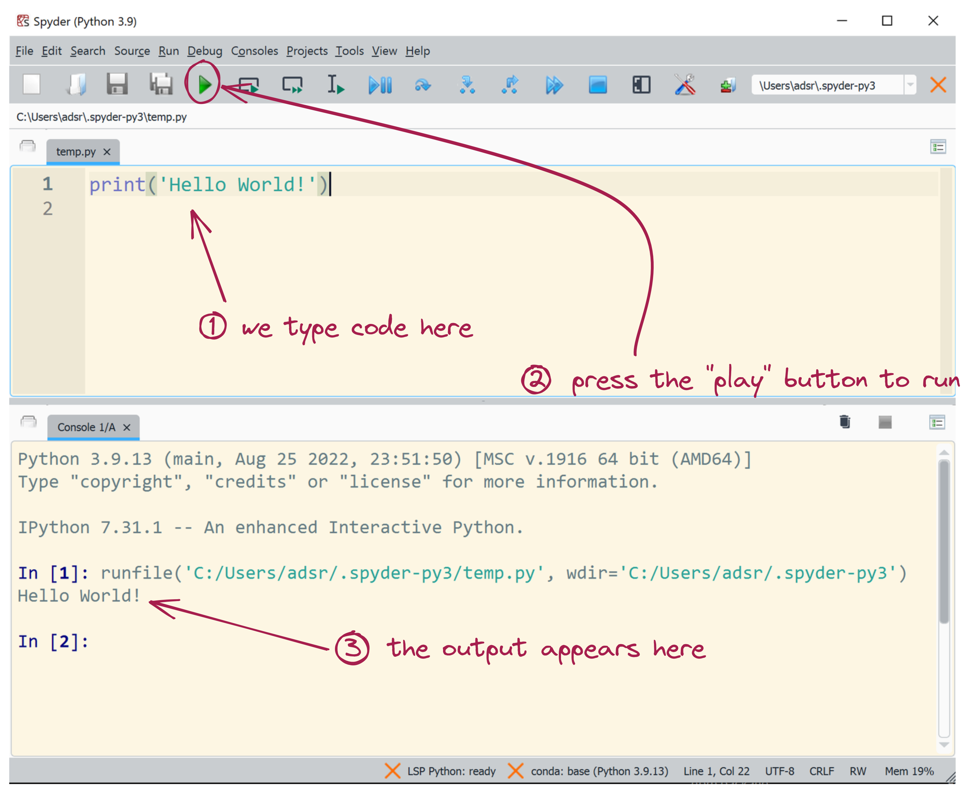 Code output in the Sypder editor